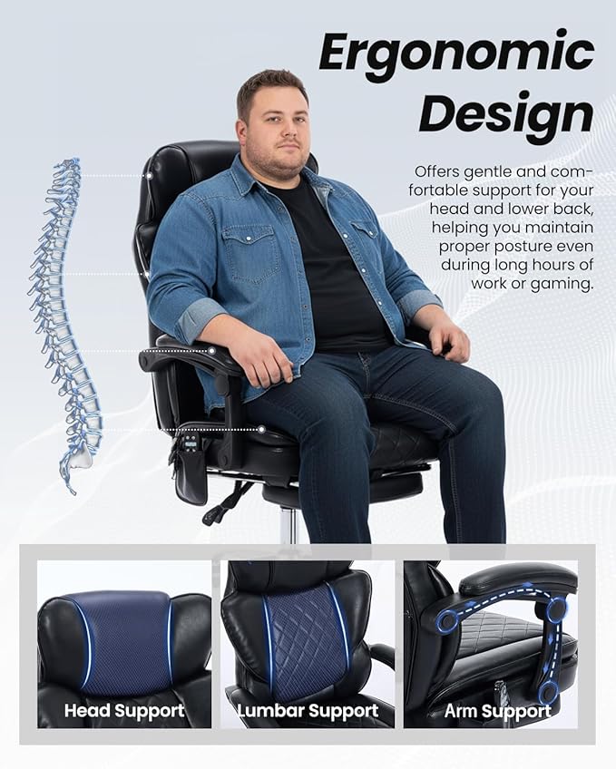 500LBS Massage Office Chair with Foot Rest, 6 Points Vibration and Heat Home Office Desk Chairs, 22.05” Wide Big and Tall Office Chair for Heavy People, Ergonomic Reclining Gaming Chairs, Black