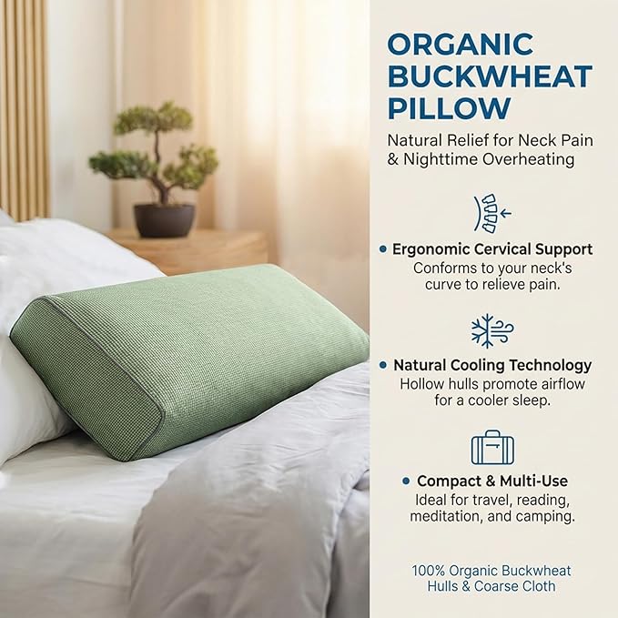 Buckwheat Pillow & Cervical Pillows for Sleeping (21x8x3inch), Natural Cooling Technology and Relieve Cervical Pain, 100% Organic Coarse Cloth Package w Organic Buckwheat Hulls. (C-Green)