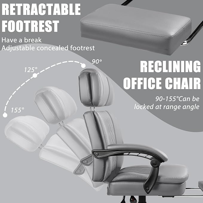 LEMBERI 400lbs Executive Office Chair with Foot Rest, Ergonomic Heavy Duty Big and Tall Desk Chair with Adjustable Headrest, High Back PU Leather Comfy Reclining Computer Chair