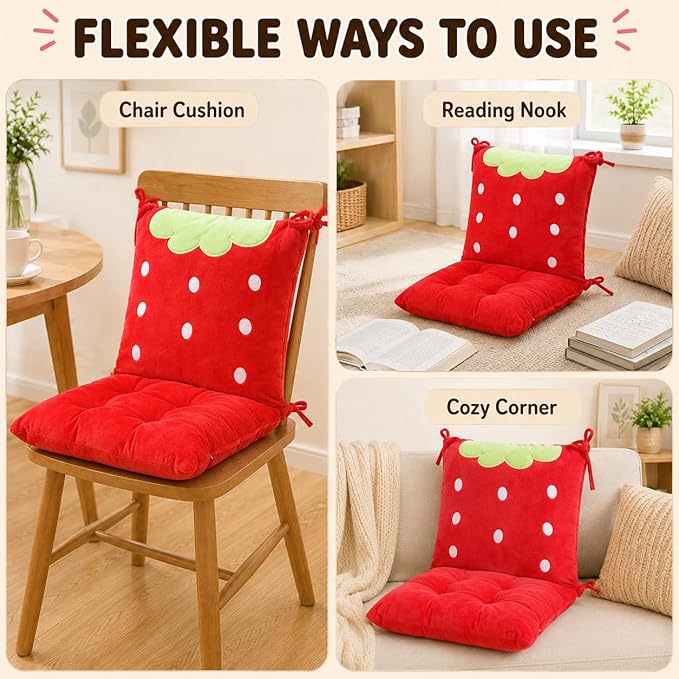 ChezMax Chair Cushion Plush Seat Cushion Back Cushion with Ties Thickened Desk Chair Pads Cartoon Waist Pillow Cushion Decor for Chair Car Office Patio Wheelchair Cartoon Strawberry