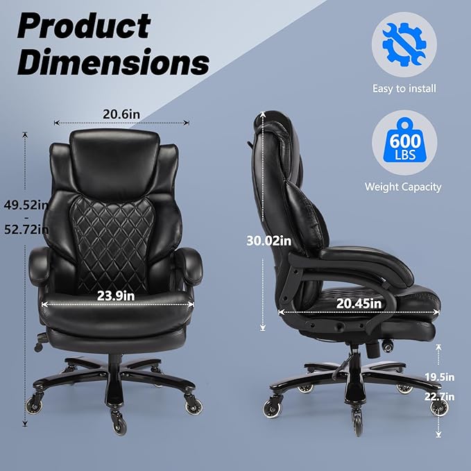 800lbs Big and Tall Office Chair, Executive Chair with Adjustable Headrest, High Back Extra Wide Seat, Heavy Duty PU Leather for Home Office, Comfortable Large Computer Desk Chair