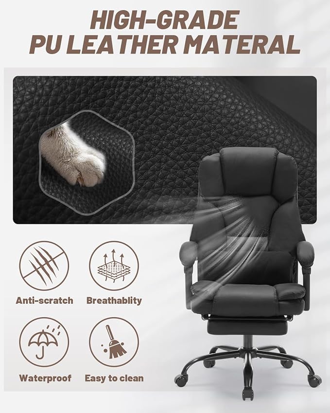 600lbs Office Chair with Footrest, Executive Chair with Padded Armrests, Reclining Desk Chair with Lumbar Support, High Back Leather Chair for Heavy People