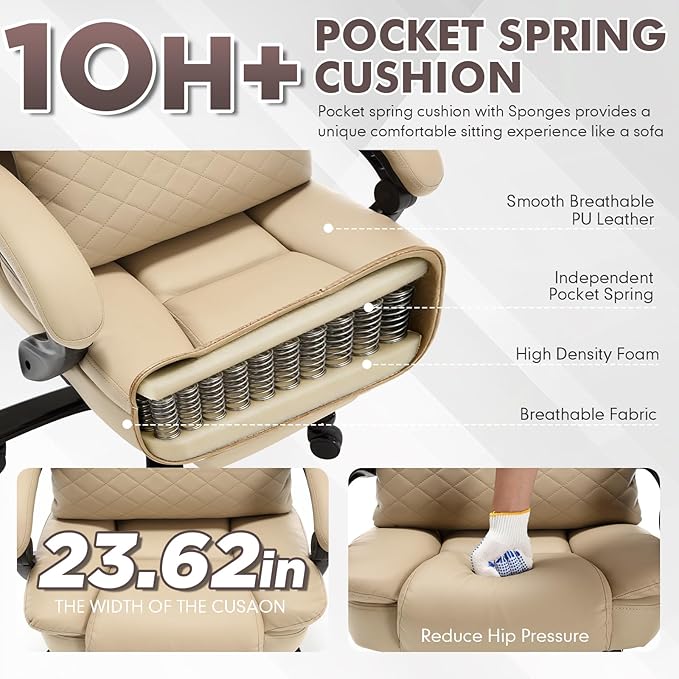 500lbs Plus Size Office Chair with Lumbar Support, PU Leather Big and Tall Heavy Duty Reclining Office Desk Chair with Foot Rest,Beige