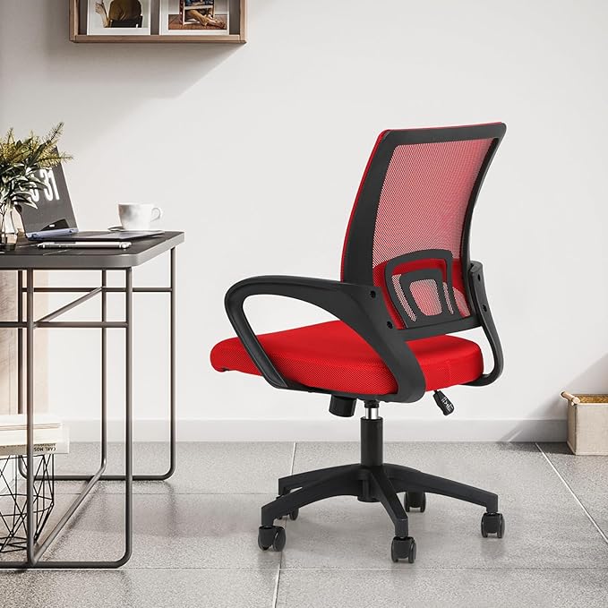 MoNiBloom Mesh Office Chair, Ergonomic Computer Chair for Adults, Rolling Swivel Mid-Back Desk Chair with Lumbar Support, Comfy Armrest for Home Office, Gaming, Red