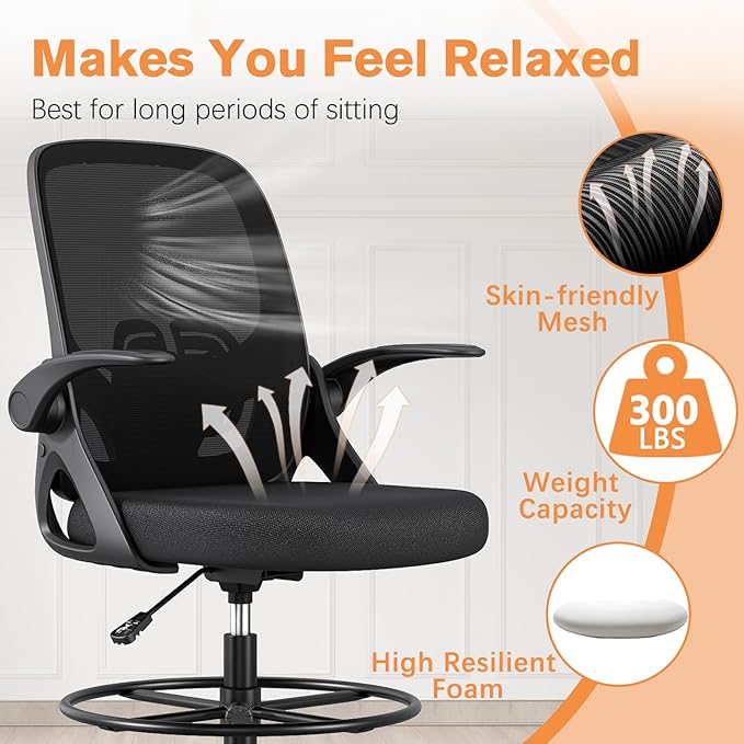ORRSAKER Drafting Chair Tall Office Chair for Standing Desk, Breathable Mesh Ergonomic Computer Desk Chair with Flip-Up Armrests, Adjustable Lumbar Support and Footrest Ring,300 LBS，Black
