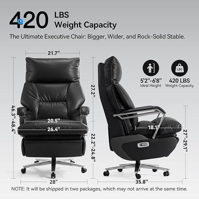 OKUP® M80A Dual Motor Electric Executive Office Chair with Heat Massage Ventilation, Comfortable Reclining Office Chair Wide Seat, Ergonomic Leather Home Office Desk Chair (Black,Multi-Functionality)