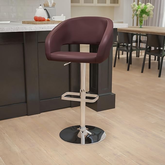 Flash Furniture Erik Comfortable & Stylish Contemporary Barstool with Rounded Mid-Back and Foot Rest, Adjustable Height - Brown Vinyl with Chrome Base