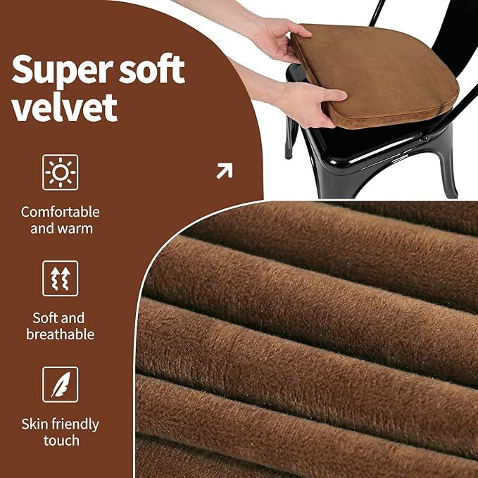 SINOSSO Kitchen Magnetic Metal Chair Cushions Set of 4, 14" Luxury Velvet Memory Foam Seat Pads for Cafe Stackable Chair (U-Shape, Brown, 4)