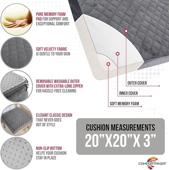 Medium-Soft 20x20x3 Memory Foam Recliner Chair Seat Cushion for Long Sitting - Armchair Pad with Washable Velvety Cover with Waterproof Layer & Non-Slip Base for Seniors & Elderly - Gray