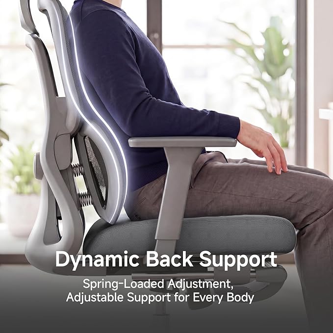 Ergonomic Office Chair with Footrest, 4D Armrests & Dynamic Lumbar Support, High Back Mesh Desk Chair with Adjustable Headrest, Reclining Computer Chair 380lbs for Long Hours (Grey)