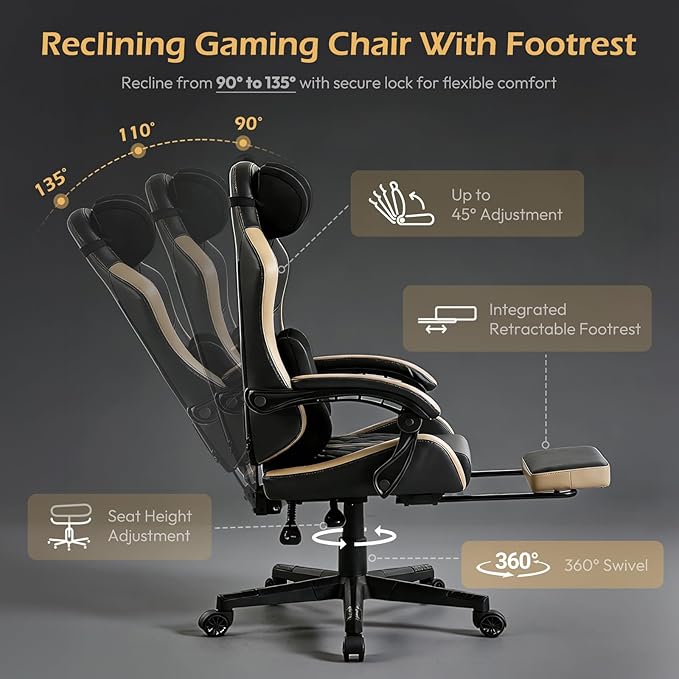 Ergonomic Gaming Chair for Adults with Footrest - PU Leather Computer Gamer Chair with Memory Foam Headrest & Lumbar Pillow, Reclining Silla Gamer Video Game Chair for Home Office, Black & Yellow