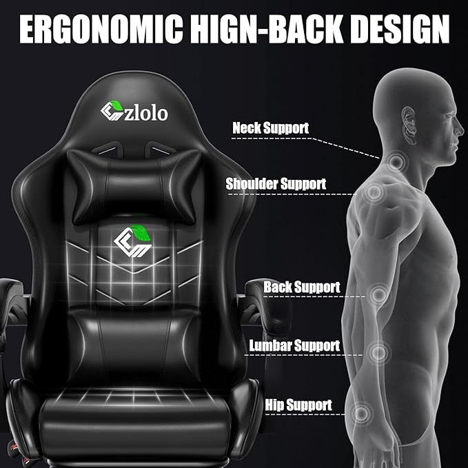 Czlolo Gaming Chair, Ergonomic Office Computer Chair with Footrest and Lumbar Support Massager Racing Style High Back Video Gamer Chair, Wide＆Thick Cushion, 90°-135° Recline, Adjustable Height, Black