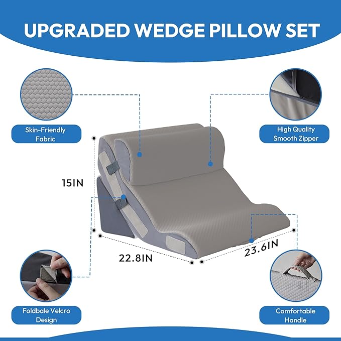 Ahpmeoa 3PCS Wedge Pillow Set for After Surgery, Back Pillow for Bed Sitting up, 10-in-1 Foam Wedge Pillow for Acid Reflux & Back Pain Relief, Post Surgery Pillow for GERD & Snoring, Grey