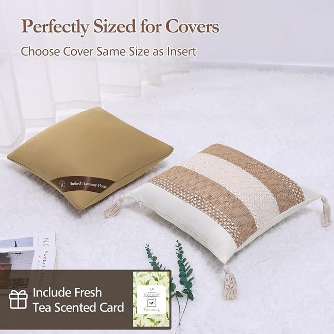 14x14 Pillow Inserts Set of 2- Shredded Memory Foam Pillow Forms - 3-Layer Hybrid Design for Lumbar Support, Small Throw Pillow Insert for Office Chair & Nursery Brown