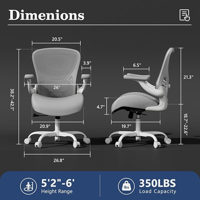 GYI Ergonomic Office Chair, Computer Desk Chair with Memory Foam Seat, Technical Mesh Back, 3D Flip-up Arms, Adjustable Lumbar Support&Height, Wheels for Home or Office, Grey White