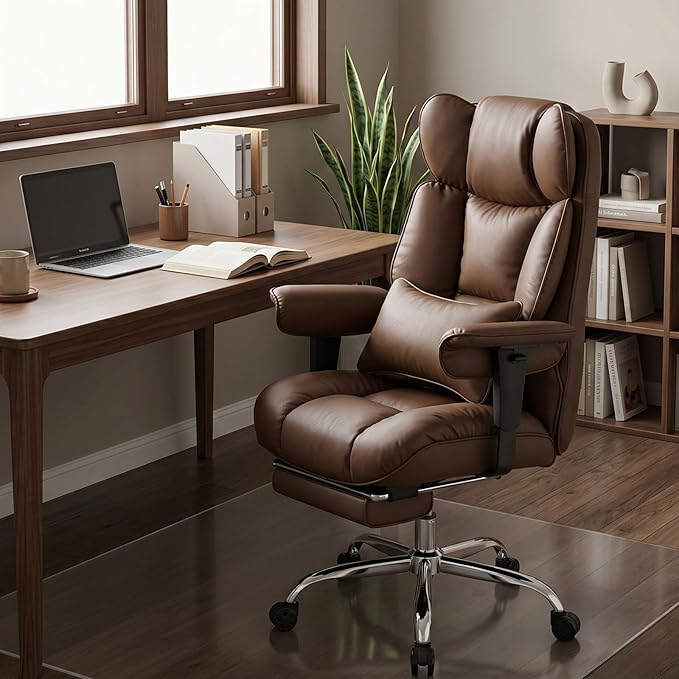Efomao Big and Tall Office Chair 400lbs - Heavy Duty Reclining Desk Chair with Footrest, Spacious High Back PU Leather Executive Office Chair, Double-Layer Spring Support, Brown