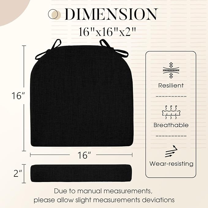 Basic Beyond Chair Cushions for Dining Chairs 4 Pack, Kitchen Chair Cushions with Ties and Non Slip Backing, 16 x 16 inches Chair Pads for Dining Chairs (Black)