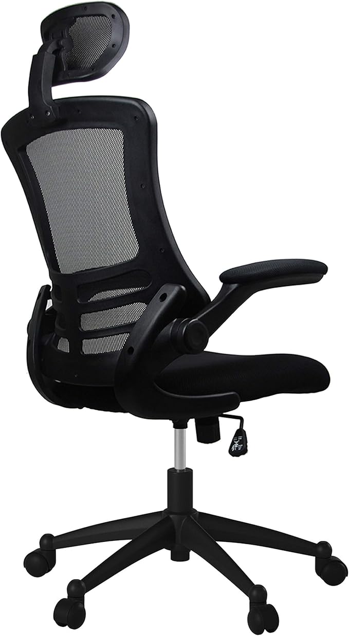 Techni Mobili Modern Ergonomic High-Back Office Chair, Executive Mesh Home Office Chair with Adjustable Headrest & Flip Up Arms, Black , 49.5" x 26.37" x 26.37"