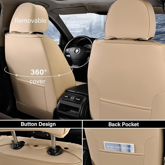 Coverado Car Seat Covers Front Seats, 2 Piece Car Seat Protector with Lumbar Support & Removable Headrest, Breathable Leather Seat Cushion Universal Fit for Truck Automotive Vehicles Beige
