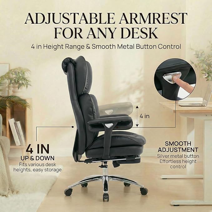 Efomao Big and Tall Office Chair 400lbs Capacity, Executive High Back Chair with 3-Angle Locking Recline and Footrest, Wide Double Padded Desk Chair for Home Office, Metal Frame, Black
