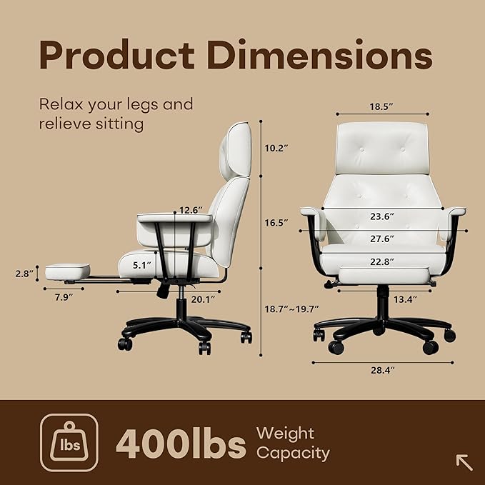 SeekFancy Criss Cross Chair with Wheels and Arms, Reclining Office Chair with Footrest and Wide Seat, Leather Big and Tall Desk Chair 400LBS, Button Tufted Vintage Design, White