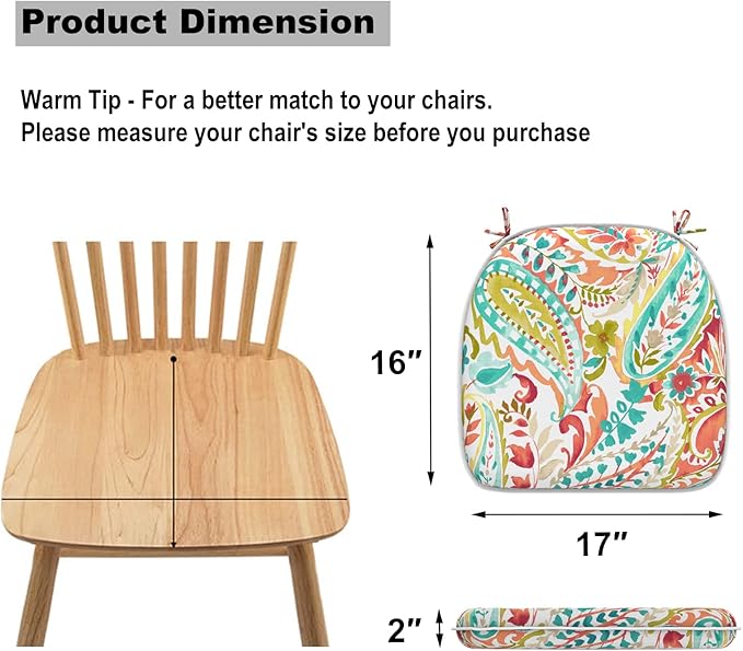 DYTXIII Set of 2 Outdoor Chair Cushions with Ties,Water Repellent Patio Chair Pads 17"x 16" for Outdoor Furniture,Round Corner Seat Cushions for Garden Yard Kitchen Pretty Paisley
