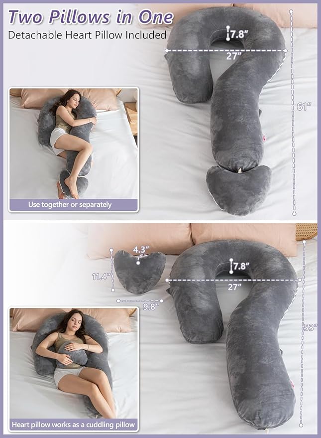 Meiz Question Mark Body Pillow for Adults & Couples, Full Body Support for Side Sleepers, Back & Pregnancy, with Detachable Heart Cushion, Soft Velvet Cover, Classical Grey