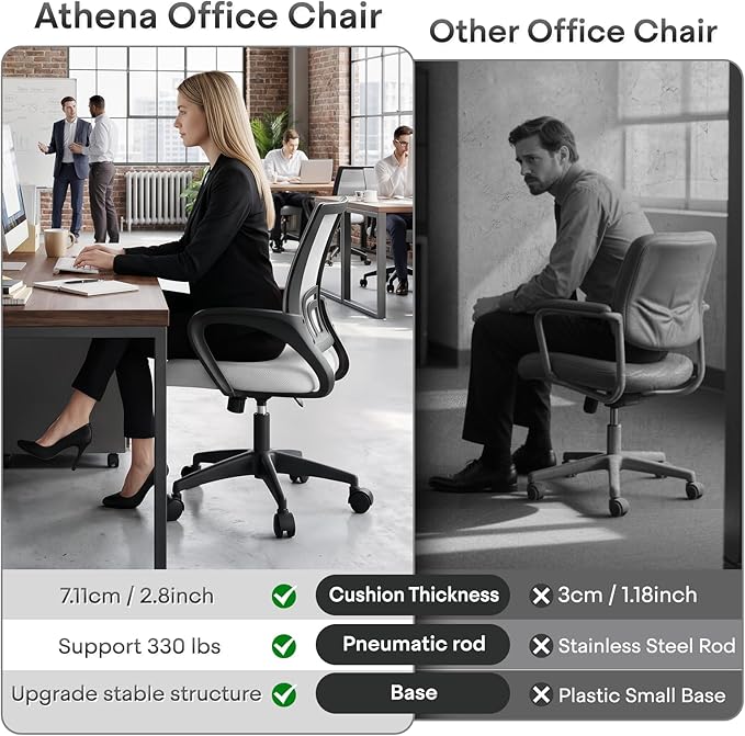 Athena Collection Office Chair - 330Lbs, Breathable Mesh Desk Chair Thickness Cushion with Lumbar Support & Armrest, Rolling Swivel Adjustable Tilt Lock for Home Office/Gaming, Bedroom Study