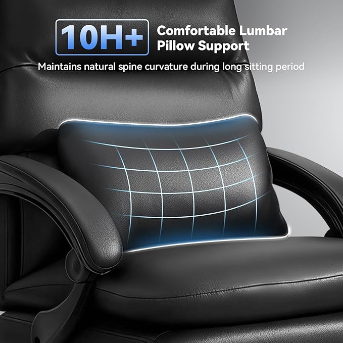 Holiwei Office Chair with Footrest, Big and Tall 400lbs Executive Desk Chair with Thickened Lumbar Support Pillow, High Back PU Leather Reclining Computer Chair, Ergonomic Swivel Task Chair, Black