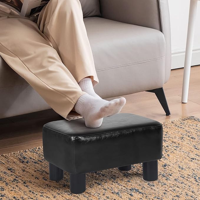 Joveco Small Footstool Ottoman Footrest Modern Rectangular Footstools for Living Room Bedroom (Black PU Leather)