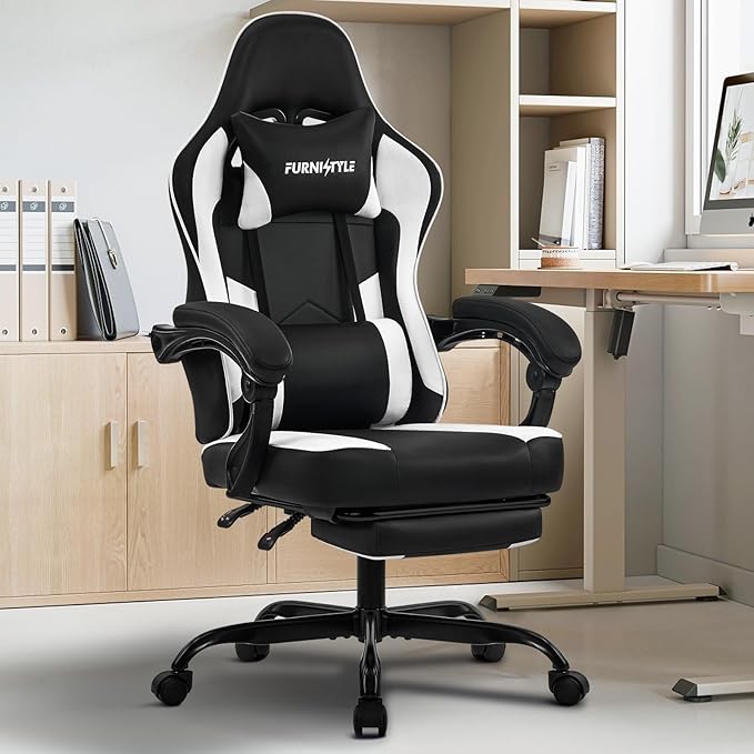 Gaming Chair with Footrest, Reclining Video Game Chairs for Adults with Lumbar Support, Linkage Armrests, Ergonomic Computer Chair for Gaming or Office, PU Black-White
