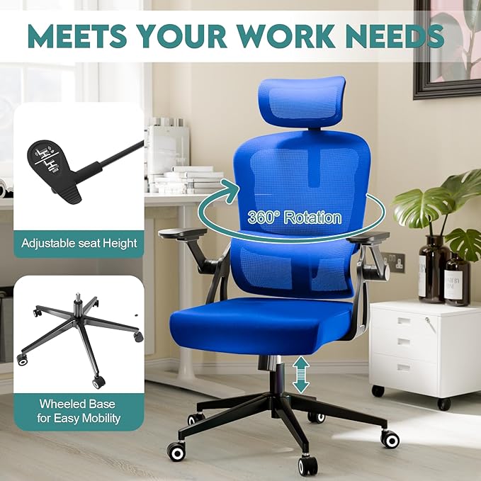 350 LBS Ergonomic Office Computer Mesh Chair - Adjustable Height Rolling Desk Chair with Flip-Up Armrests & High Back Support - Comfortable Swivel Task Chair for Home Office (01BLUE)