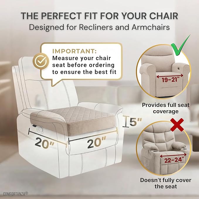 Medium-Soft 20x20x5 Memory Foam Recliner Chair Seat Cushion for Long Sitting - Armchair Pad with Washable Velvety Cover with Waterproof Layer & Non-Slip Base for Seniors & Elderly - Beige
