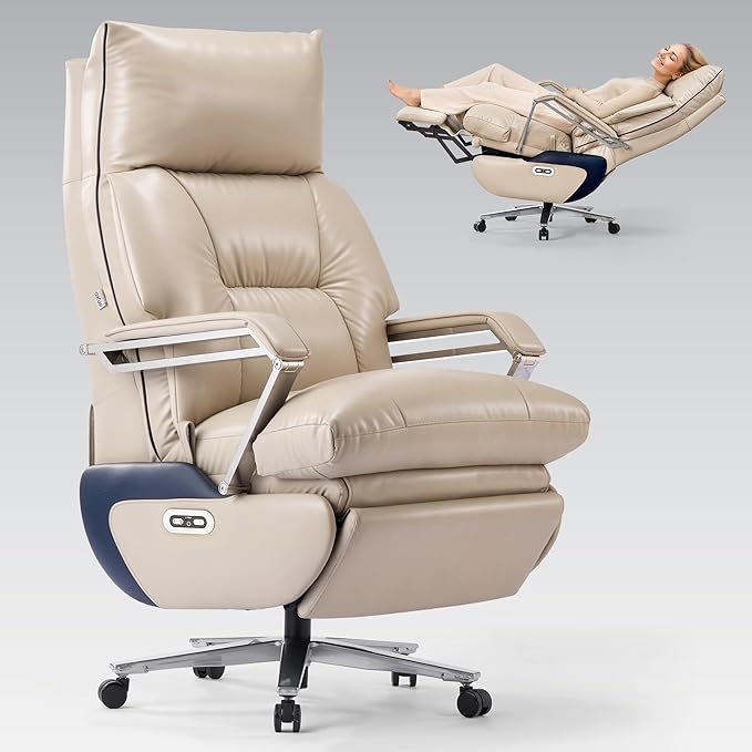OKUP Dual Motor Executive Office Chair with Foot Rest, Electric Reclining Comfortable Office Chair Wide Seat, Big and Tall Ergonomic Leather Home Office Desk Chair 420lbs, High Back, Beige