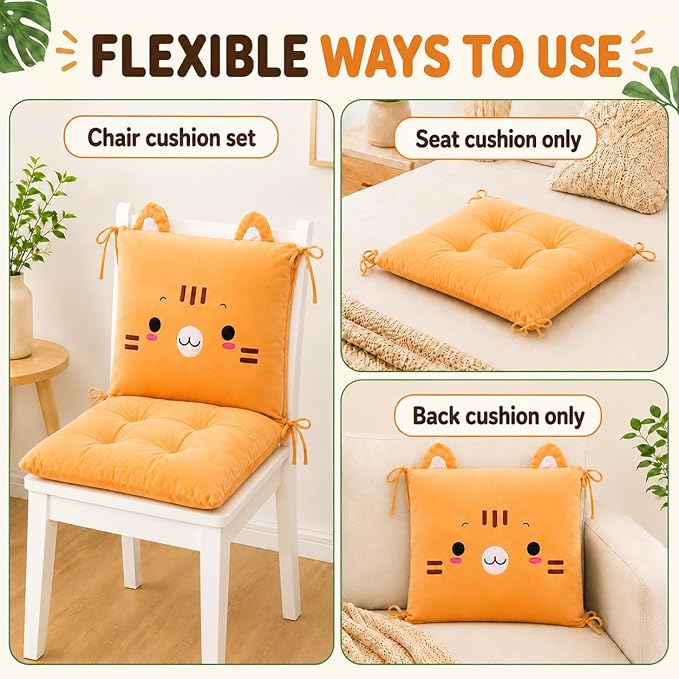ChezMax Chair Cushion Plush Seat Cushion Back Cushion with Ties, Detachable Thickened Desk Chair Pads, Cartoon Waist Pillow Cushion Decor for Chair Car Office Patio Wheelchair, Cartoon Cat