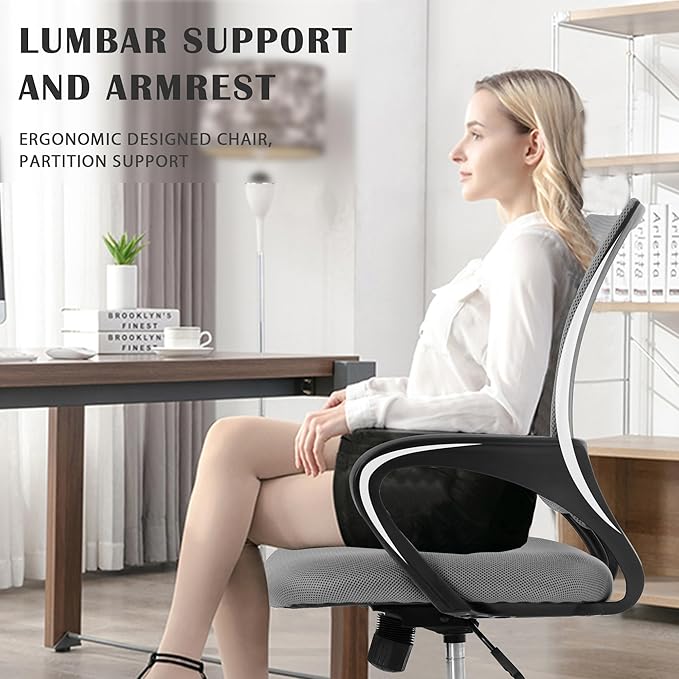 MKDLUFEI Office Chair, Ergonomic Cheap Desk Chair with Lumbar Support, Adjustable Mid Back Task Rolling Swivel for Home Office Student, Adults,Study, Grey
