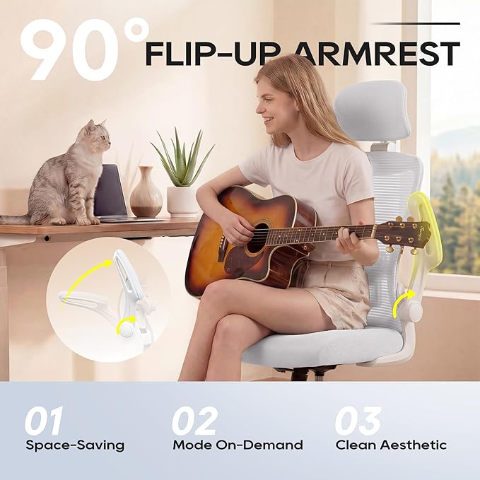 Office Chair, Ergonomic Mesh Desk Chair with Adjustable Lumbar Support and Headrest, Flip-up Armrests, High Back Computer Task Chair for Home and Executive Office (W-All White)