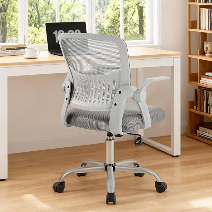 Sweetcrispy Home Office Managerial Executive Chair, Flip Up Armrest Ergonomic Mesh Adjustable Swivel Mid-Back Computer Desk Chair with Comfortable Lumbar Support, Comfy Arms for Bedroom,Study