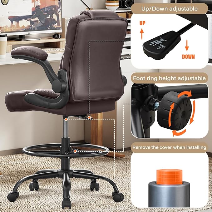 Ergonomic Drafting Chair,Tall Office Chair for Standing Desk with Flip-Up Armrests,Adjustable Foot Ring & Height, High Leather Executive Office Chair for Home,Drawing or Counter Height Use