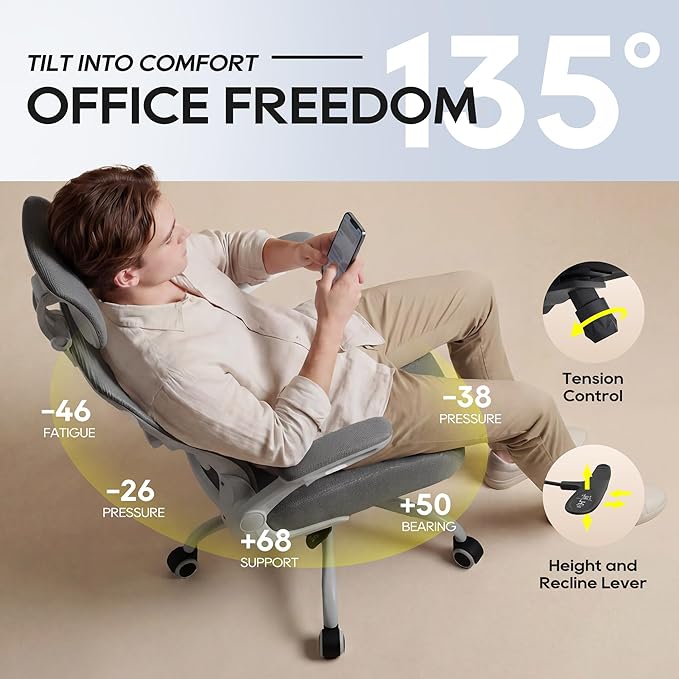 Office Chair, Ergonomic Mesh Desk Chair with Adjustable Lumbar Support and Headrest, Flip-up Armrests, High Back Computer Task Chair for Home and Executive Office (G-All Grey)