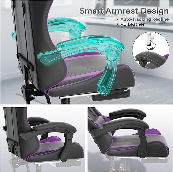 Athena Collection Gaming Chair, Ergonomic Gaming Chair with Footrest & Headrest Lumbar Support, Height Adjustable Swivel Computer Chair Office Chair for Kids Adults(Purple)