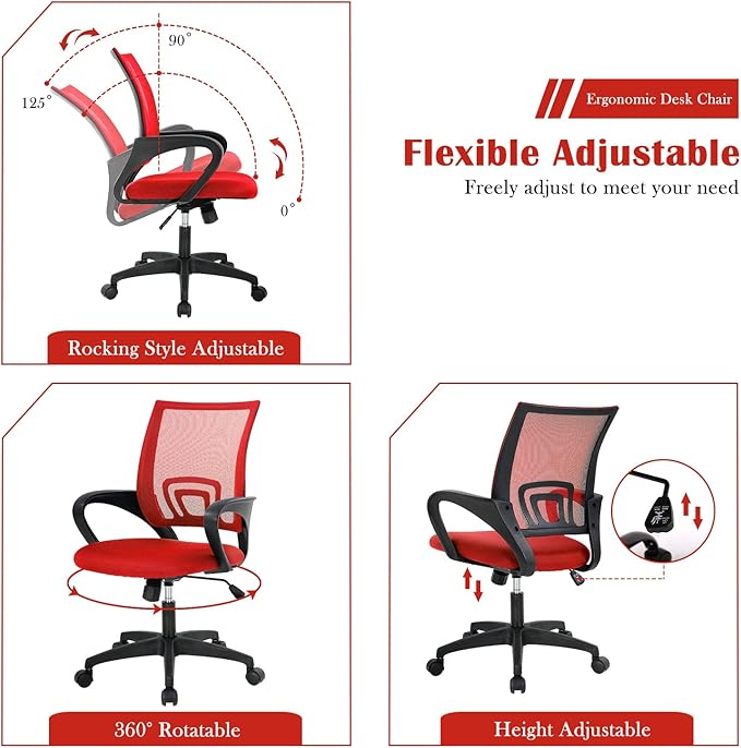 Office Chair, Desk Chair with Lumbar Support Arms, Adjustable Computer Chair with Breathable Mesh Backrest, Home Office Desk Chairs for Student, Adults, Study, Dorm, Comfortable Office Chair(Red)