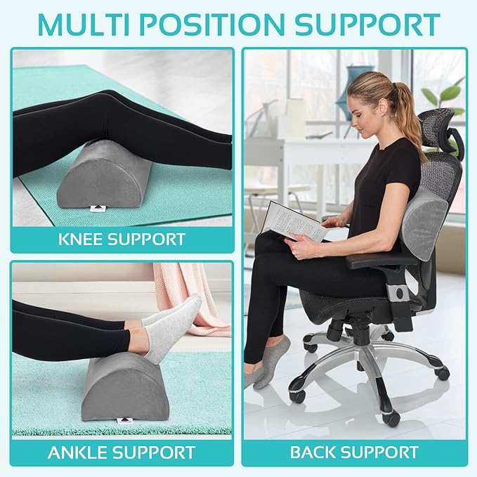 Knee Pillow for Back Sleeping | Large Half Moon Bolster Pillow for Legs, Under Knee Pillow for Sleeping on Back (20.5" x 8" x 4.5") Leg Pillow for Ankle and Foot Comfort, Machine Washable Cover, Grey