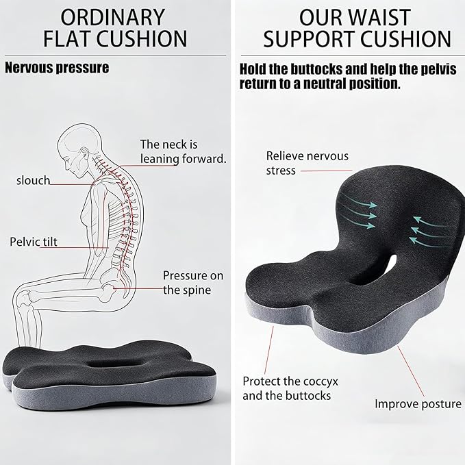 Orthopedic Cushion, Memory Foam Seat Cushion for Pressure Relief, Tailbone & Hip Support, Non-Slip Ergonomic Cushion for Long Sitting, Office Car Gaming Chair(A-Black Grey)