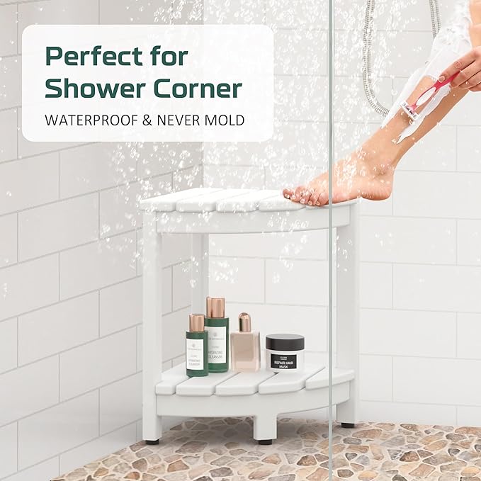 Corner Shower Stool for Inside Shower, HDPE Waterproof Shower Bench Seat Chair, Plastic Bath Shower Stool for Shaving Legs Foot Rest with Storage Shelf, Adjustable & Non-Slip Feet, White