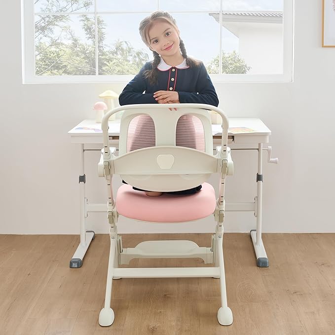 ERIYA Kids Desk Chair,Ergonomic Chair: Breathable Mesh Back, Adjustable Seat, Flip-Up Armrests, Footrest, Lumbar | Ideal for Kids, Petite Adults – Ultra-Comfy for Study/Work (Pink)