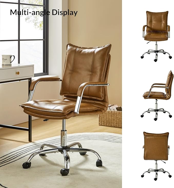 HULALA HOME Faux Leather Home Office Desk Chair, Adjustable Swivel Computer Chair with Sliver Legs and Arms, Comfy Upholstered Task Chair(Camel)