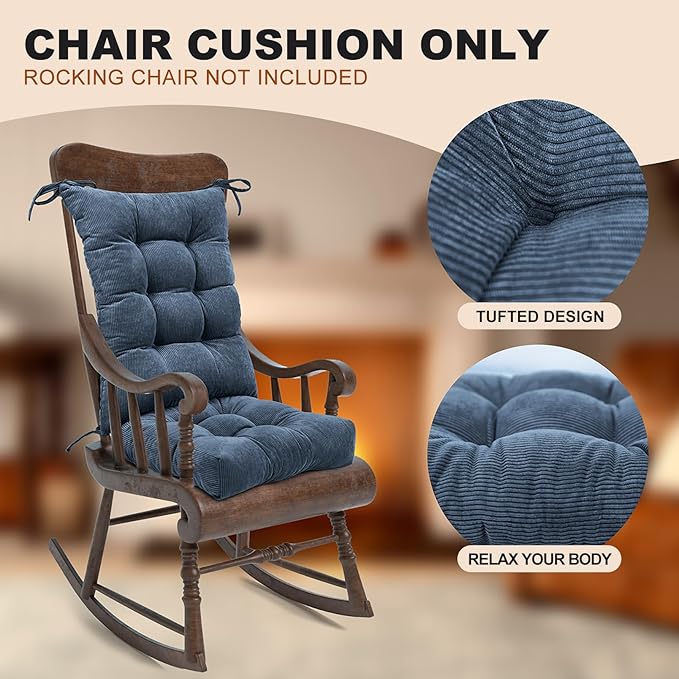 Lokex Rocking Chair Cushion Only,Tufted Non-Slip Comfortable Rocking Chair Cushions Indoor with Ties,Striped Rocking Chair Pads (Indigo blue-S2064-16, 21x17/17x17)