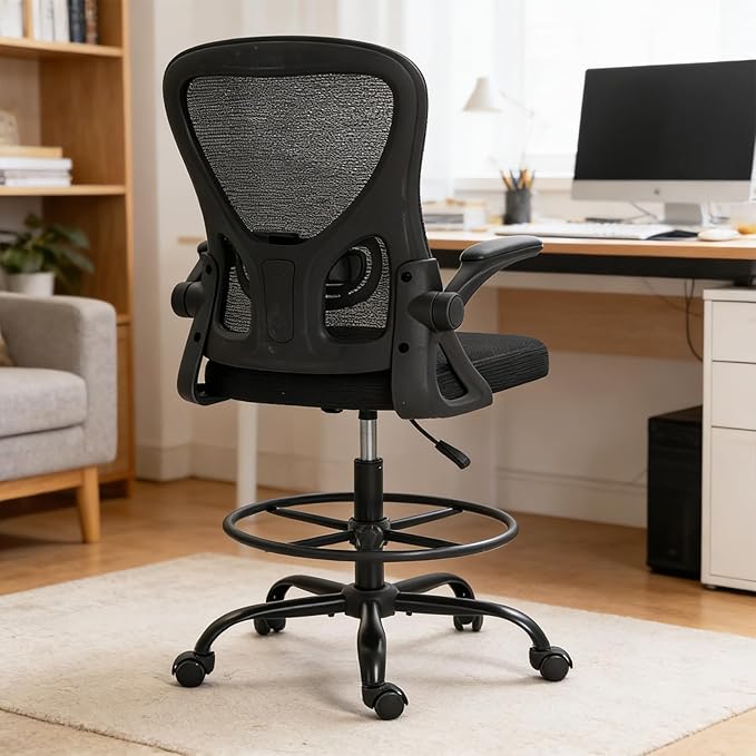 ECOTOUGE Tall Office Chair, Breathable Mesh Drafting Chair with Flip-up Armrests, Ergonomic Computer Standing Desk Chair with Adjustable Footrest Ring and Lumbar Support, Black