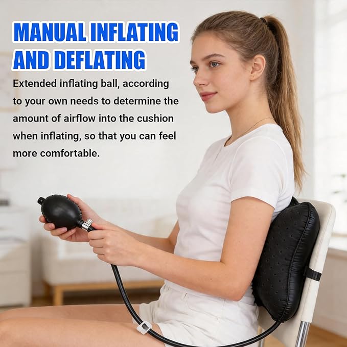 Inflatable Lumbar Pillow, Lumbar Support Pillow Adjustable Lower Back Cushion for Car Office Chair Airplane Travel Black